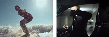 An individual surfing in the white water and a man in a suit getting into his car