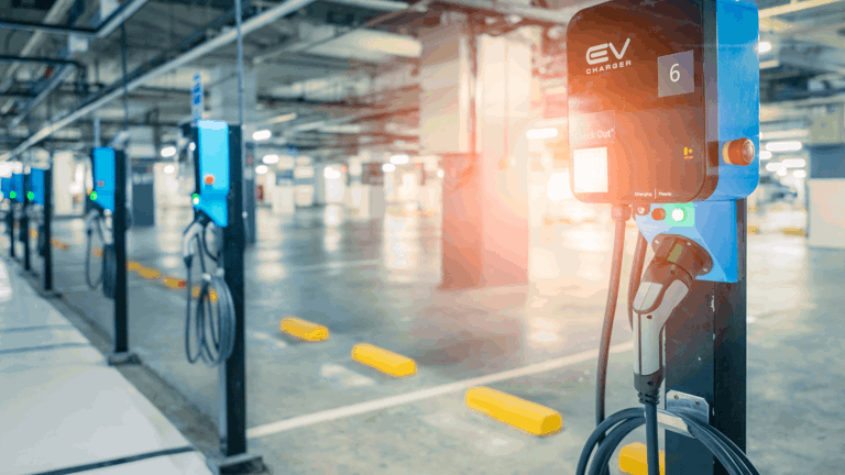 Electric car charging stations in an underground carpark.