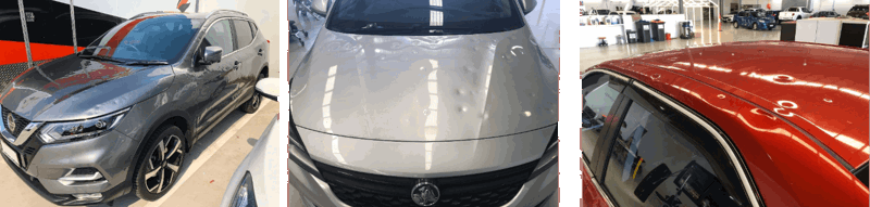 Three images of hail damage on three different vehicles.