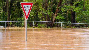 Give way road sign halfway submerged in flood water