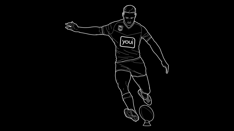 Outline of a person kicking a rugby ball
