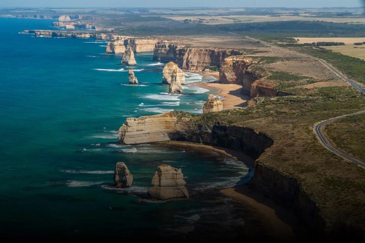 An aerial view of the Great Ocean Road.