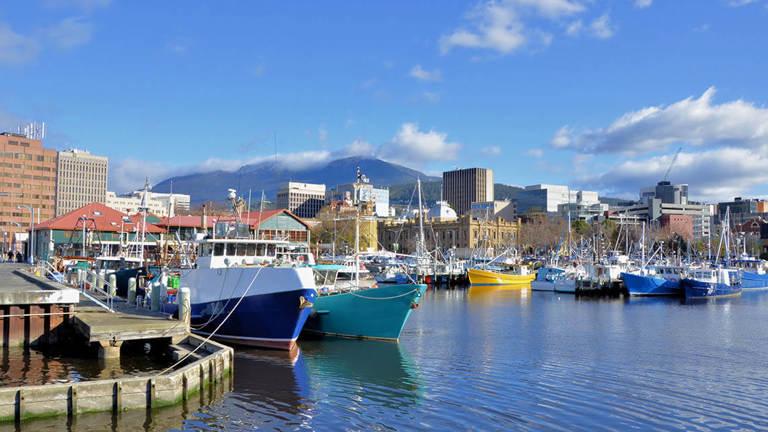 Colourful boats docked in Port Hobart
